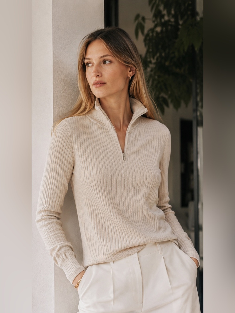 Vince Ribbed Half-Zip Mock Neck Sweater Heather Dark Ivory Women’s Size Small